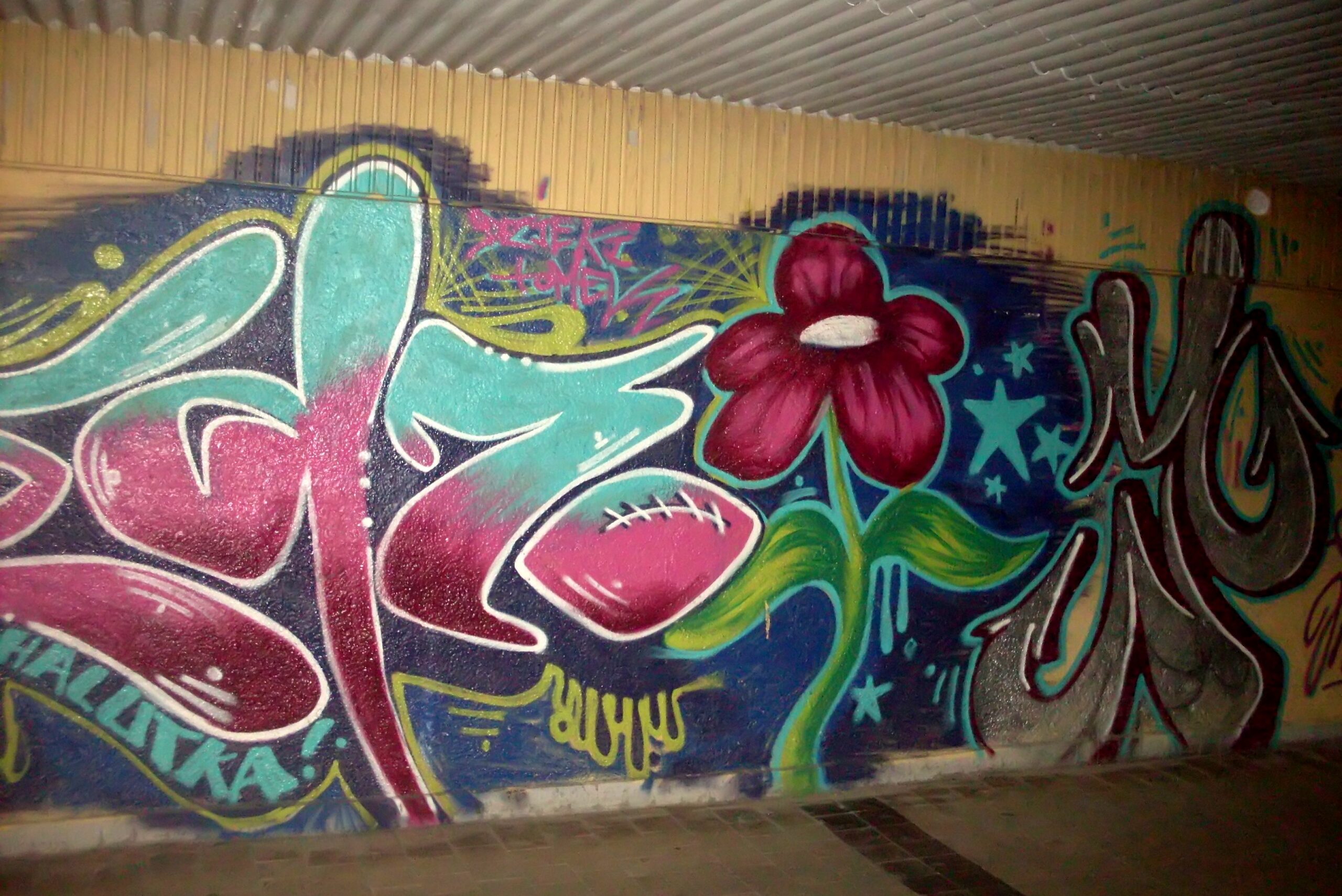 Abstract graffiti and graffiti of red flower somewhere in Gdańsk